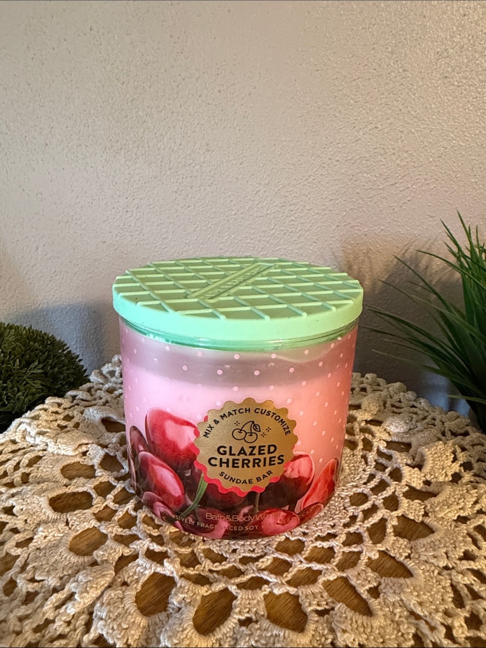 Bath & Body Works Glazed Cherries 3 wick candle - Pink & Mint Green